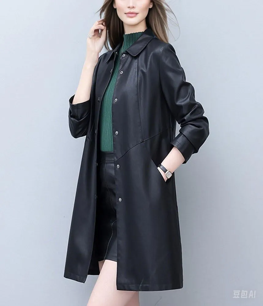 chouyatou Women's Elegant Collared Single Breasted Pu Faux Leather Jacket Trench Coat with Pockets
