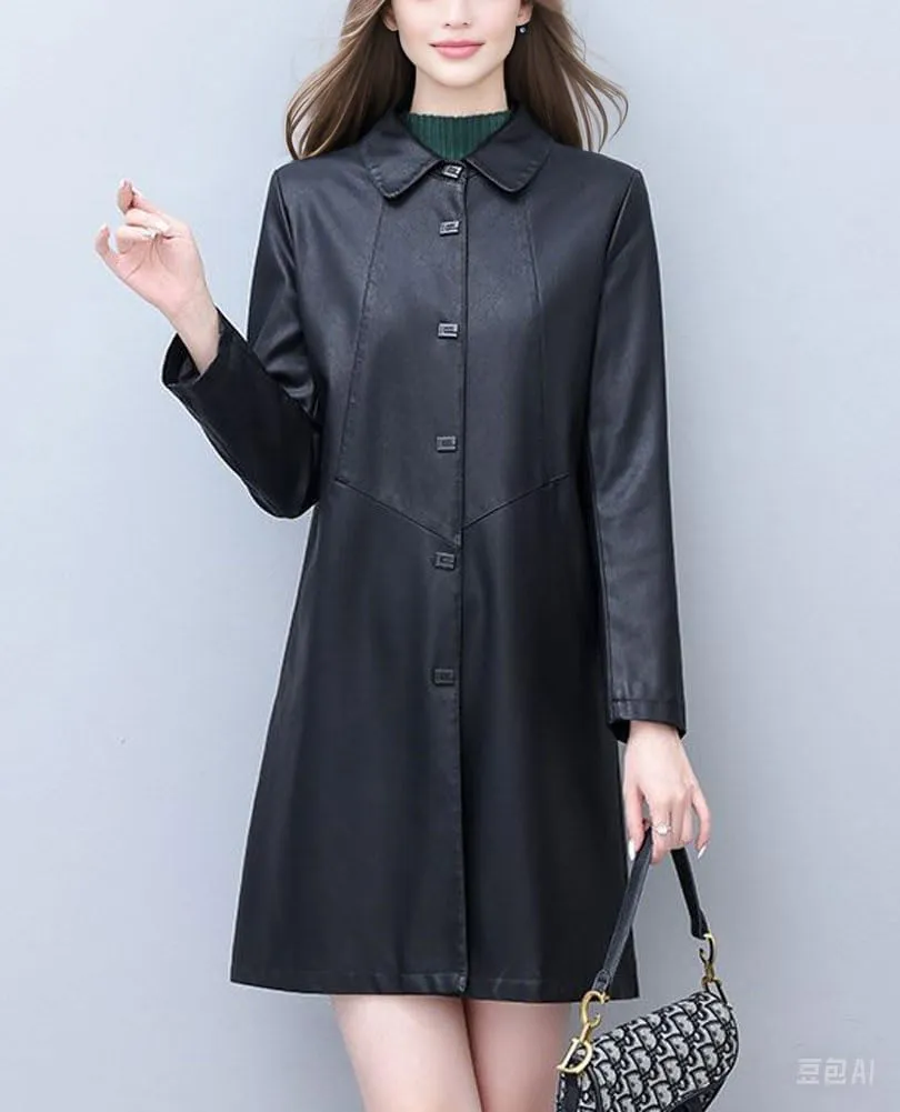 chouyatou Women's Elegant Collared Single Breasted Pu Faux Leather Jacket Trench Coat with Pockets