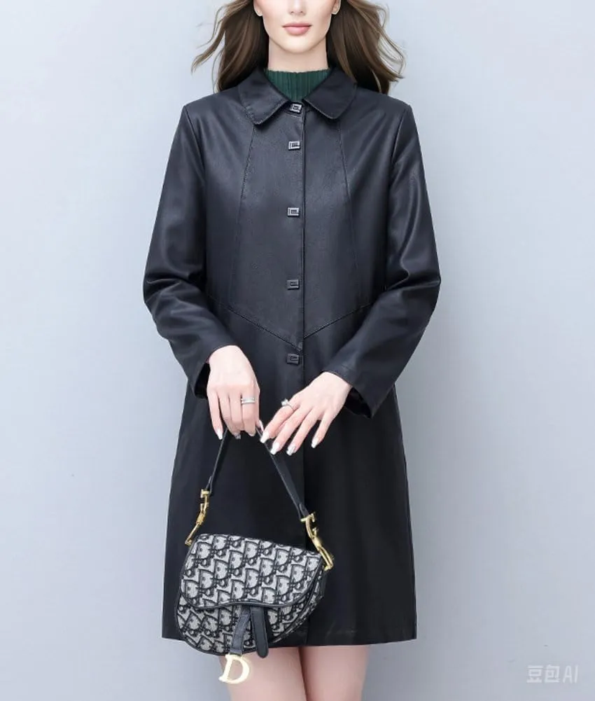chouyatou Women's Elegant Collared Single Breasted Pu Faux Leather Jacket Trench Coat with Pockets