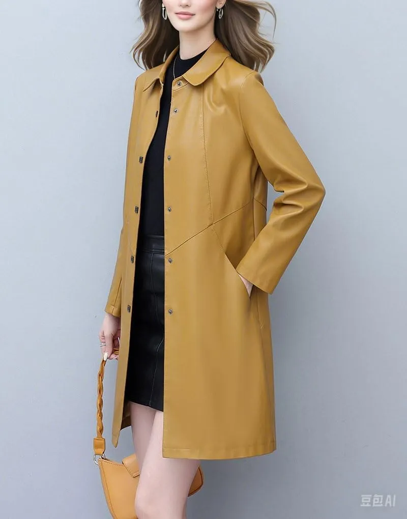 chouyatou Women's Elegant Collared Single Breasted Pu Faux Leather Jacket Trench Coat with Pockets