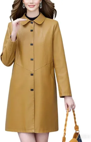 chouyatou Women's Elegant Collared Single Breasted Pu Faux Leather Jacket Trench Coat with Pockets