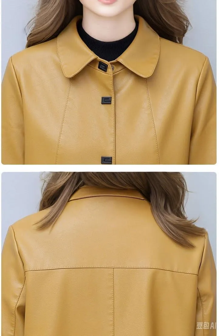 chouyatou Women's Elegant Collared Single Breasted Pu Faux Leather Jacket Trench Coat with Pockets