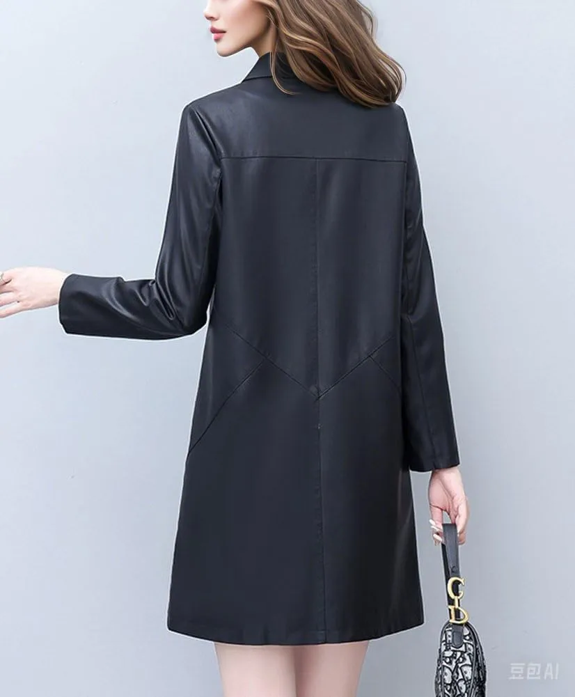 chouyatou Women's Elegant Collared Single Breasted Pu Faux Leather Jacket Trench Coat with Pockets