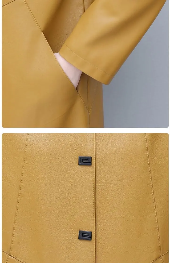 chouyatou Women's Elegant Collared Single Breasted Pu Faux Leather Jacket Trench Coat with Pockets