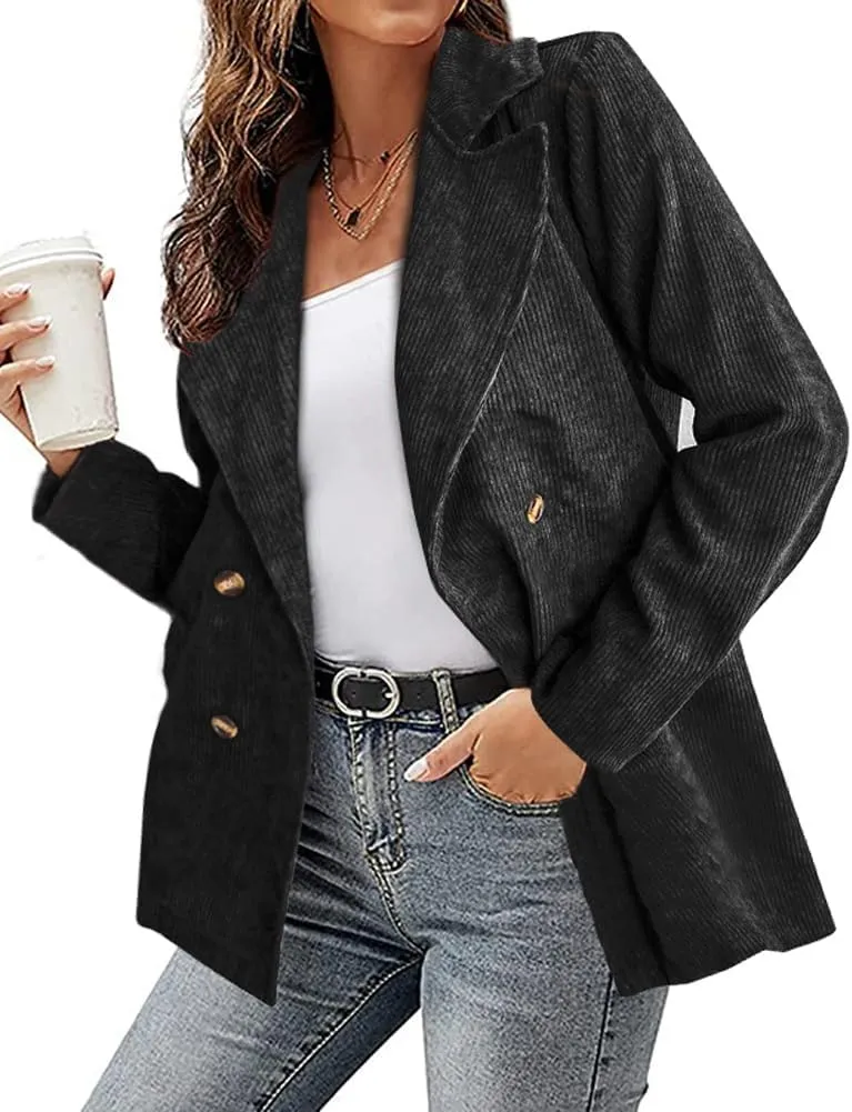 chouyatou Women's Fall Notch Lapel Corduroy Blazer Jacket Double Breasted Office Dressy Work Suit