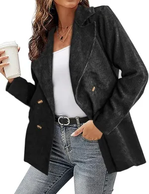 chouyatou Women's Fall Notch Lapel Corduroy Blazer Jacket Double Breasted Office Dressy Work Suit