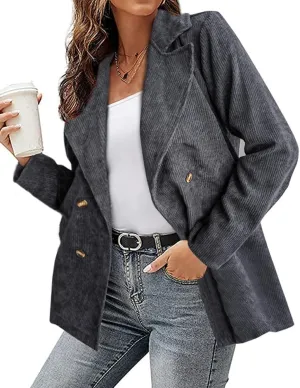 chouyatou Women's Fall Notch Lapel Corduroy Blazer Jacket Double Breasted Office Dressy Work Suit