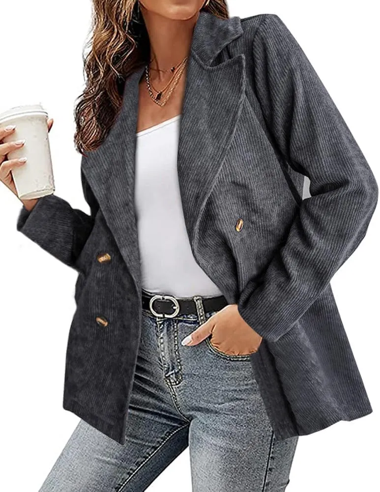 chouyatou Women's Fall Notch Lapel Corduroy Blazer Jacket Double Breasted Office Dressy Work Suit