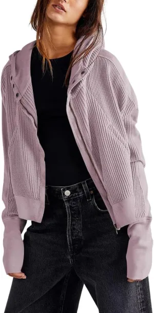 chouyatou Women's Oversized Hooded Sweatshirt Y2K Boyfriend Waffle Knit Zip Up Hoodie Jacket Shackets