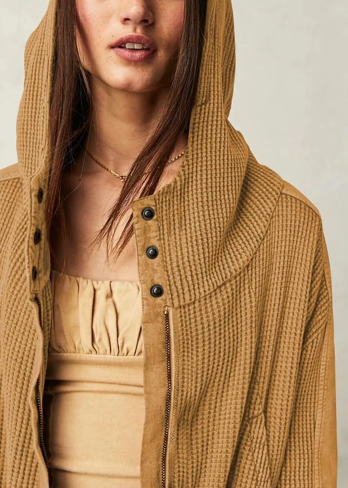 chouyatou Women's Oversized Hooded Sweatshirt Y2K Boyfriend Waffle Knit Zip Up Hoodie Jacket Shackets