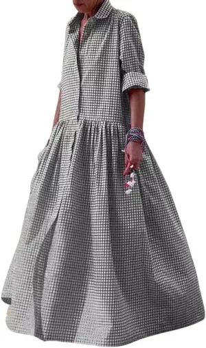 chouyatou Women's Retro Plaid Button Down Maxi Shirt Dress Long Sleeve Button Up Gingham Swing Long Dress