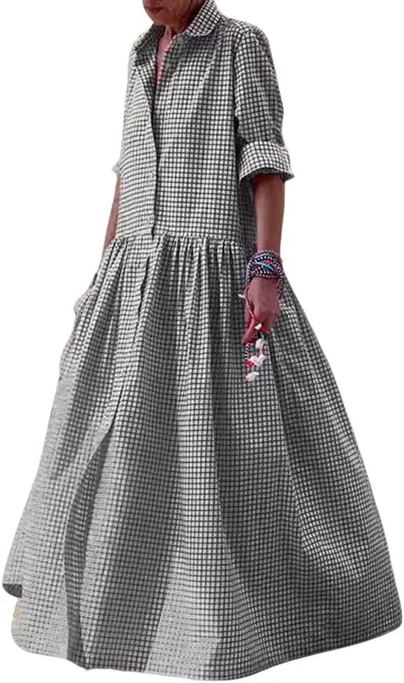 chouyatou Women's Retro Plaid Button Down Maxi Shirt Dress Long Sleeve Button Up Gingham Swing Long Dress