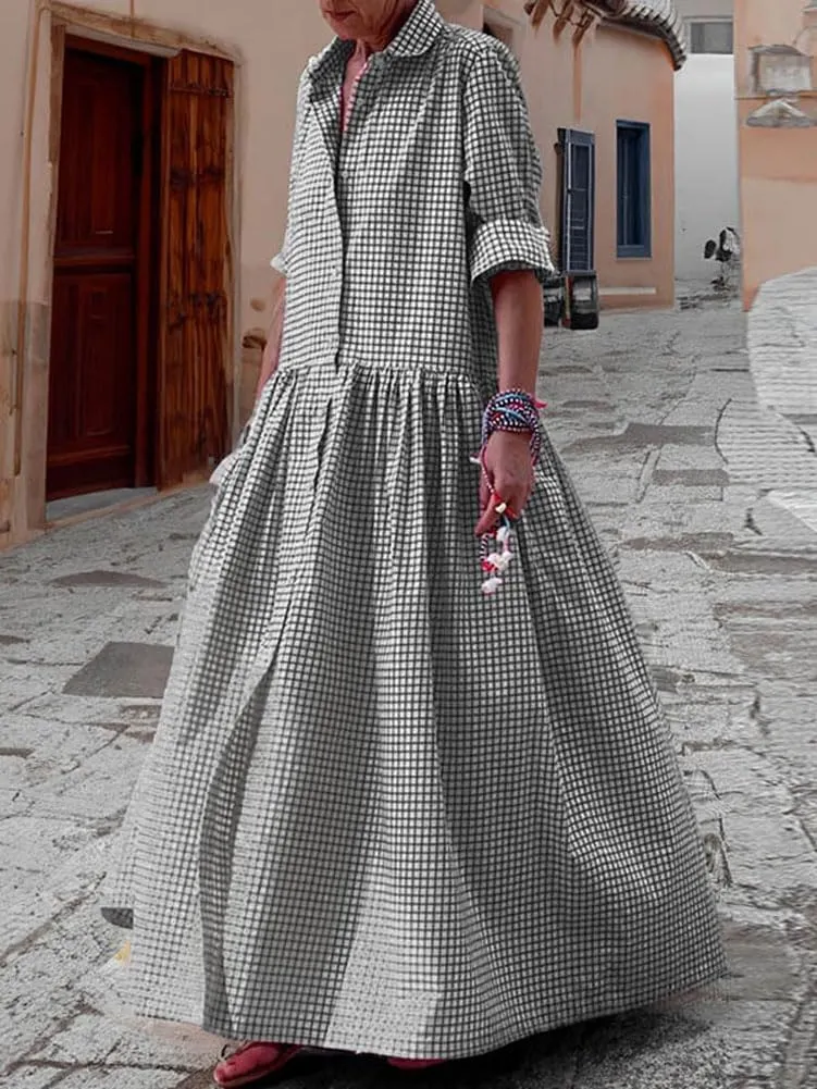 chouyatou Women's Retro Plaid Button Down Maxi Shirt Dress Long Sleeve Button Up Gingham Swing Long Dress