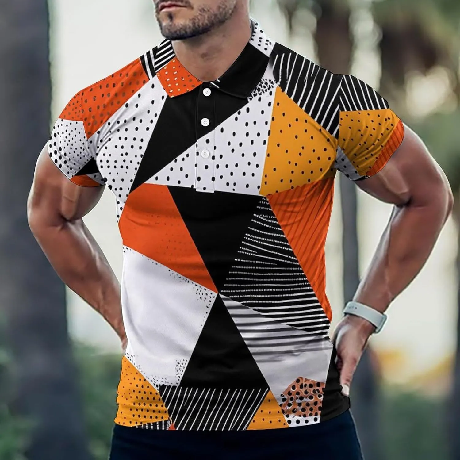 Contrasting Colors in Polygonal Artwork Mens Short Sleeve Polo Shirts Straight Sports Golf Tennis T-Shirt Quick Dry Long Top