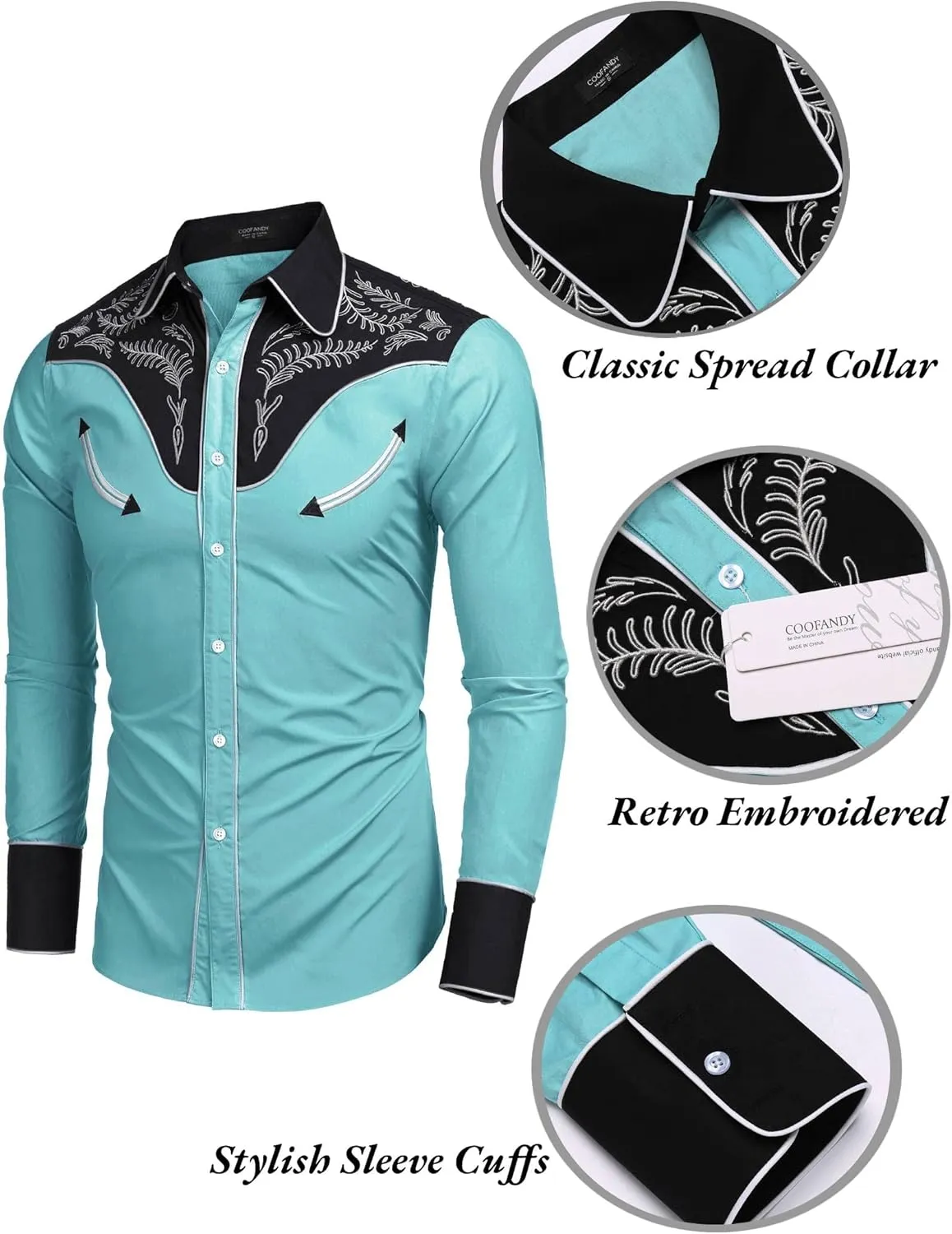 COOFANDY Men's Western Cowboy Shirt Embroidered Button Down Long Sleeve Shirts