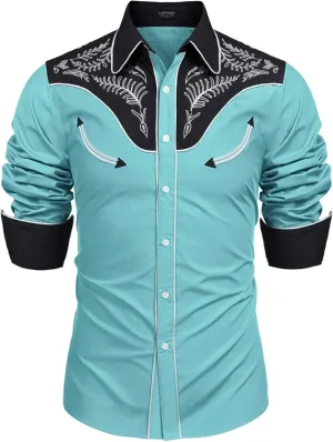 COOFANDY Men's Western Cowboy Shirt Embroidered Button Down Long Sleeve Shirts