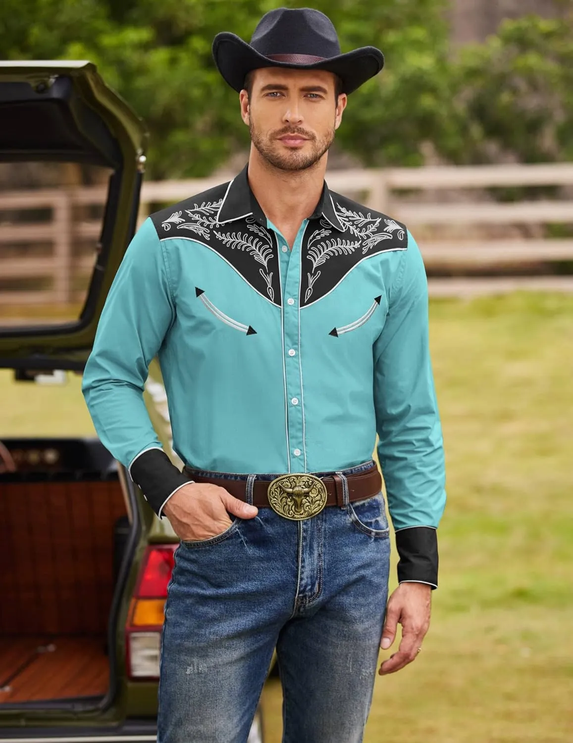 COOFANDY Men's Western Cowboy Shirt Embroidered Button Down Long Sleeve Shirts