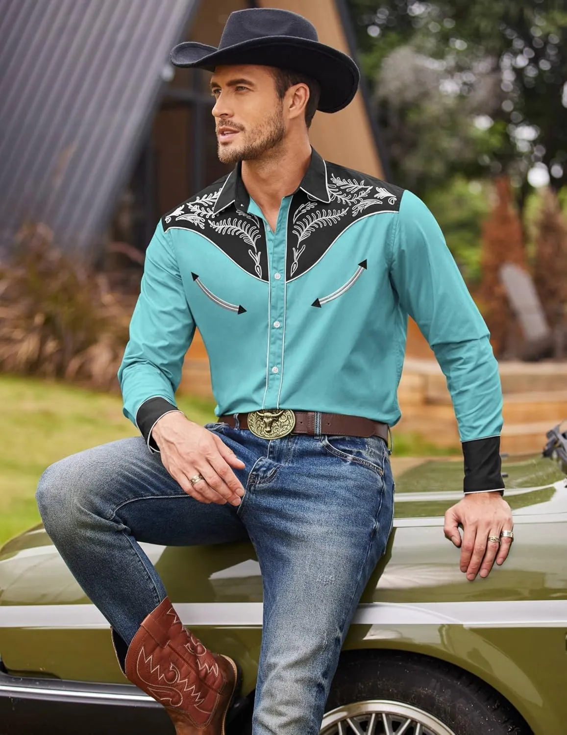 COOFANDY Men's Western Cowboy Shirt Embroidered Button Down Long Sleeve Shirts