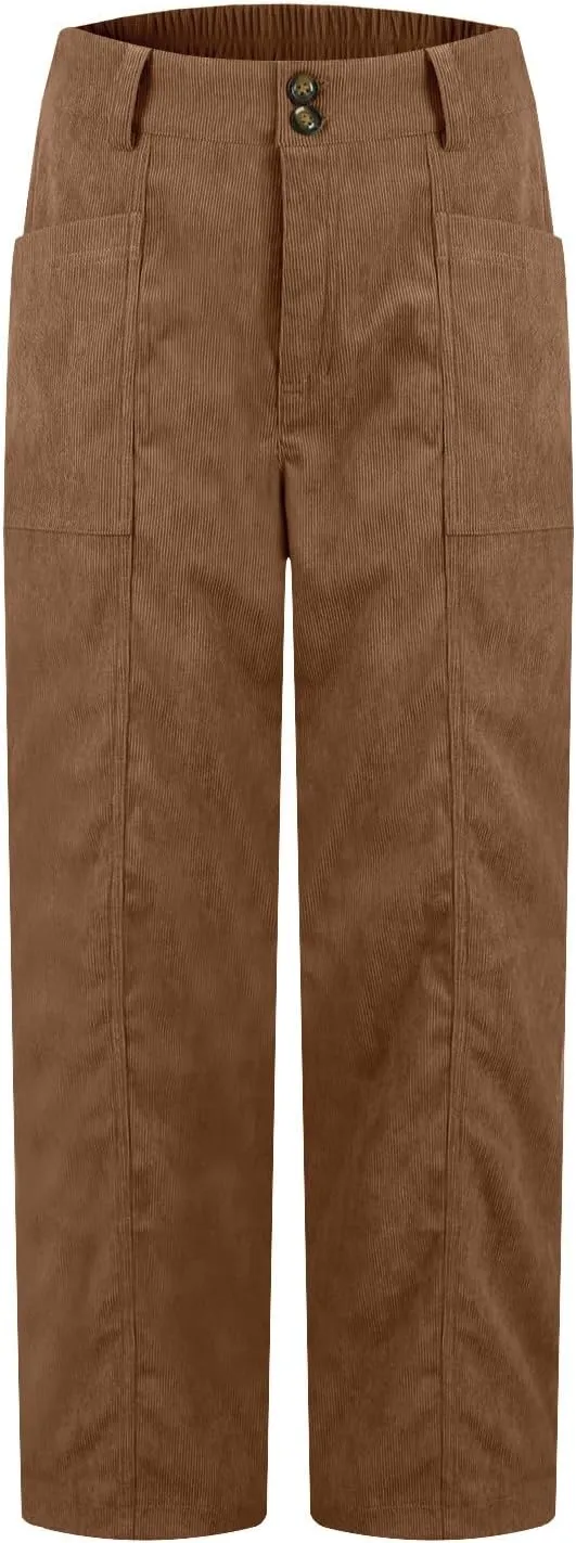 Corduroy Pants Women Elastic High Waisted Straight Leg Work Pants Business Casual Loose Trousers Pants with Pockets