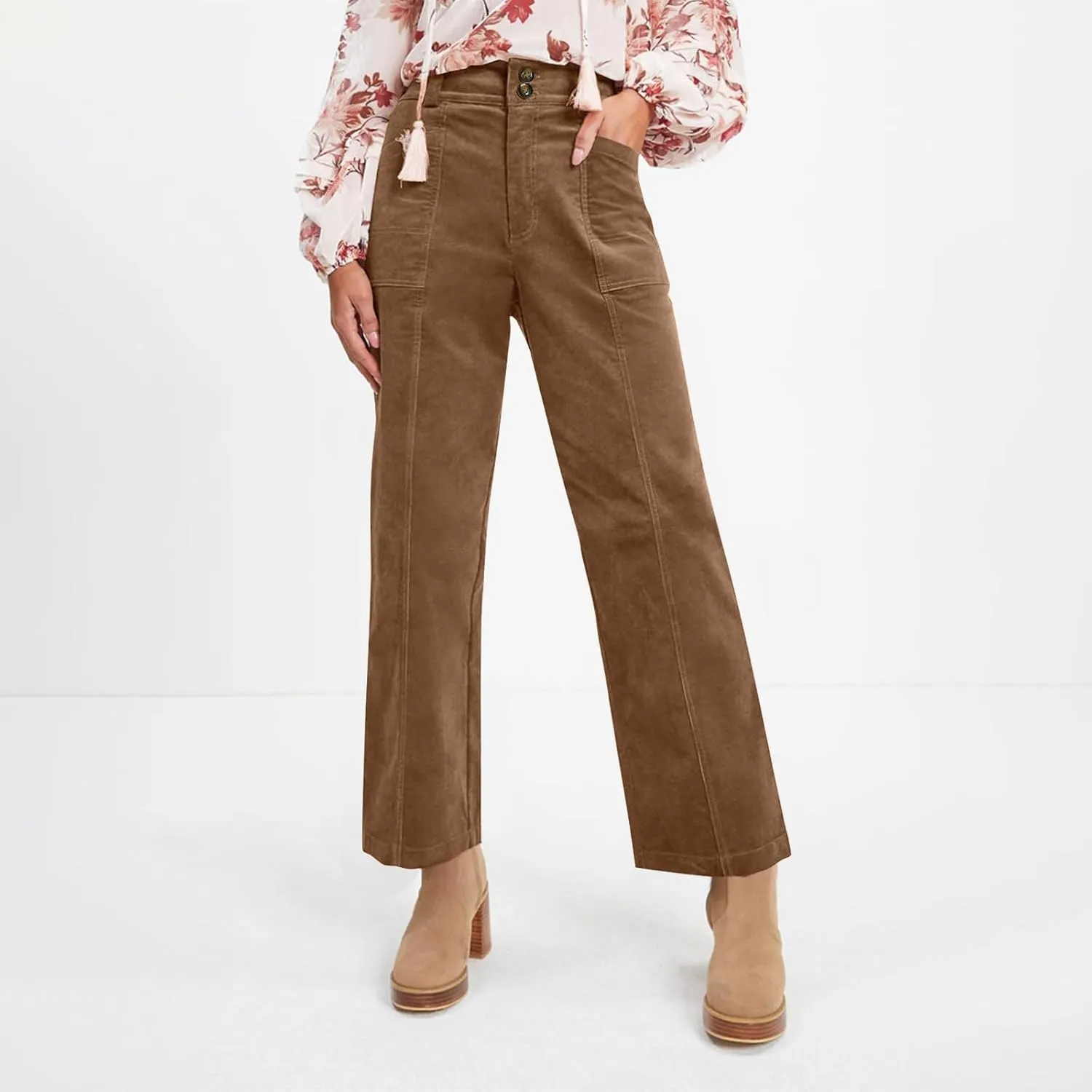 Corduroy Pants Women Elastic High Waisted Straight Leg Work Pants Business Casual Loose Trousers Pants with Pockets