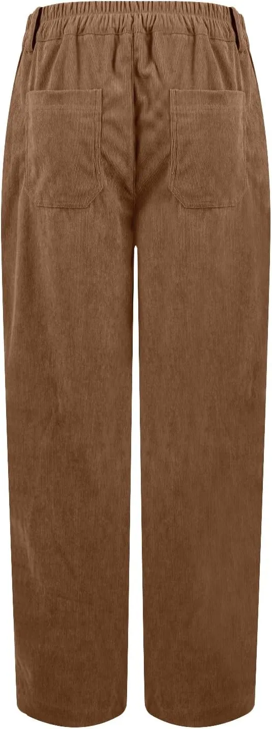Corduroy Pants Women Elastic High Waisted Straight Leg Work Pants Business Casual Loose Trousers Pants with Pockets