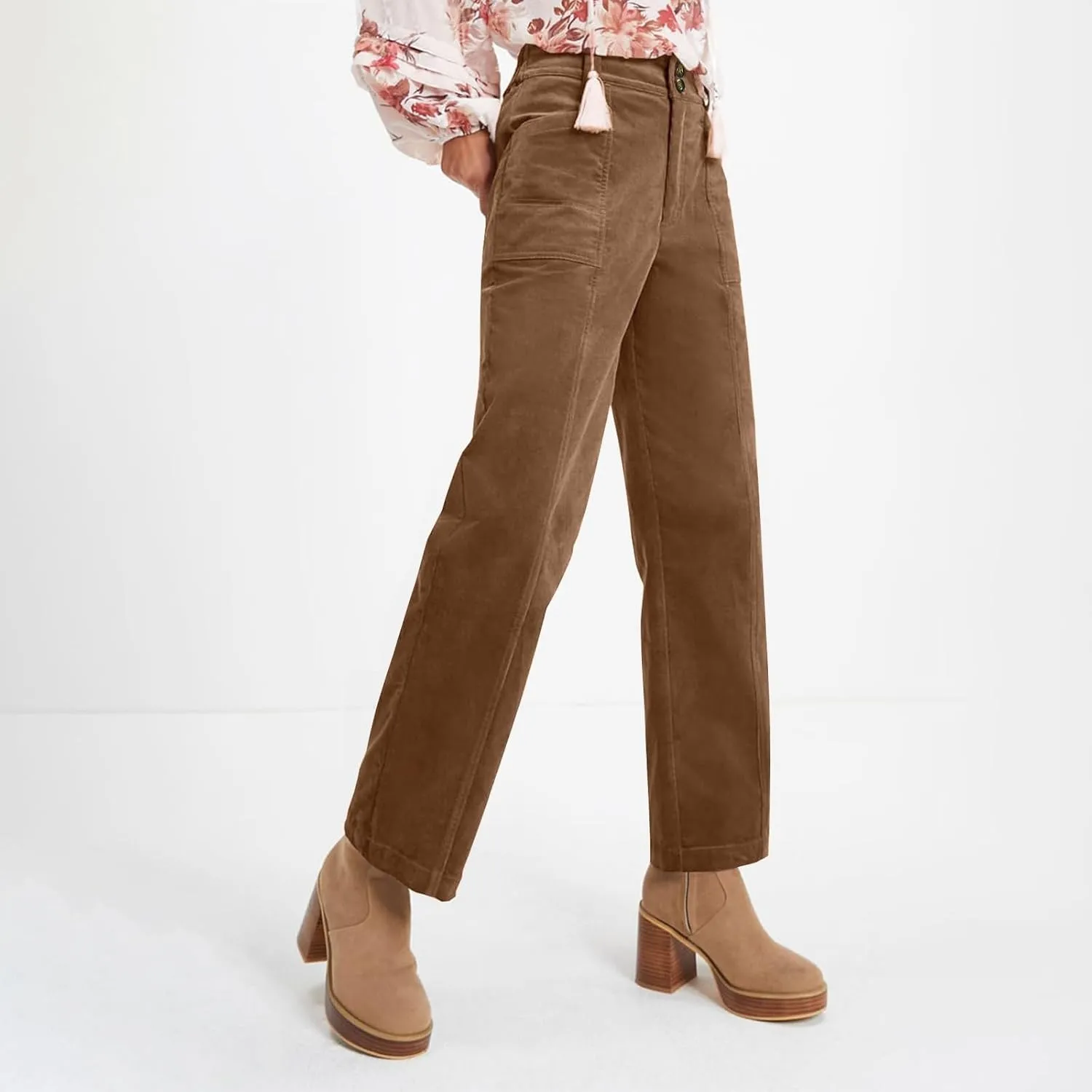 Corduroy Pants Women Elastic High Waisted Straight Leg Work Pants Business Casual Loose Trousers Pants with Pockets