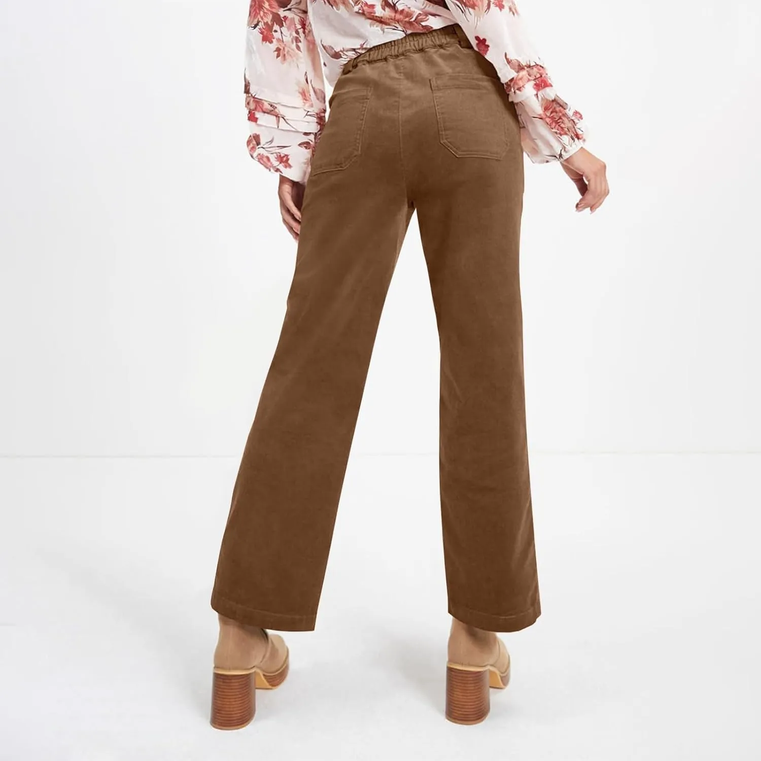 Corduroy Pants Women Elastic High Waisted Straight Leg Work Pants Business Casual Loose Trousers Pants with Pockets