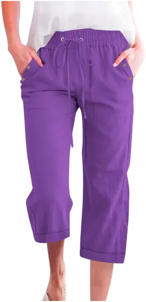 Cotton Linen Capris Pants for Women Summer 2025 Straight Wide Leg Loose Drawstring Elastic Waist Cropped Trousers