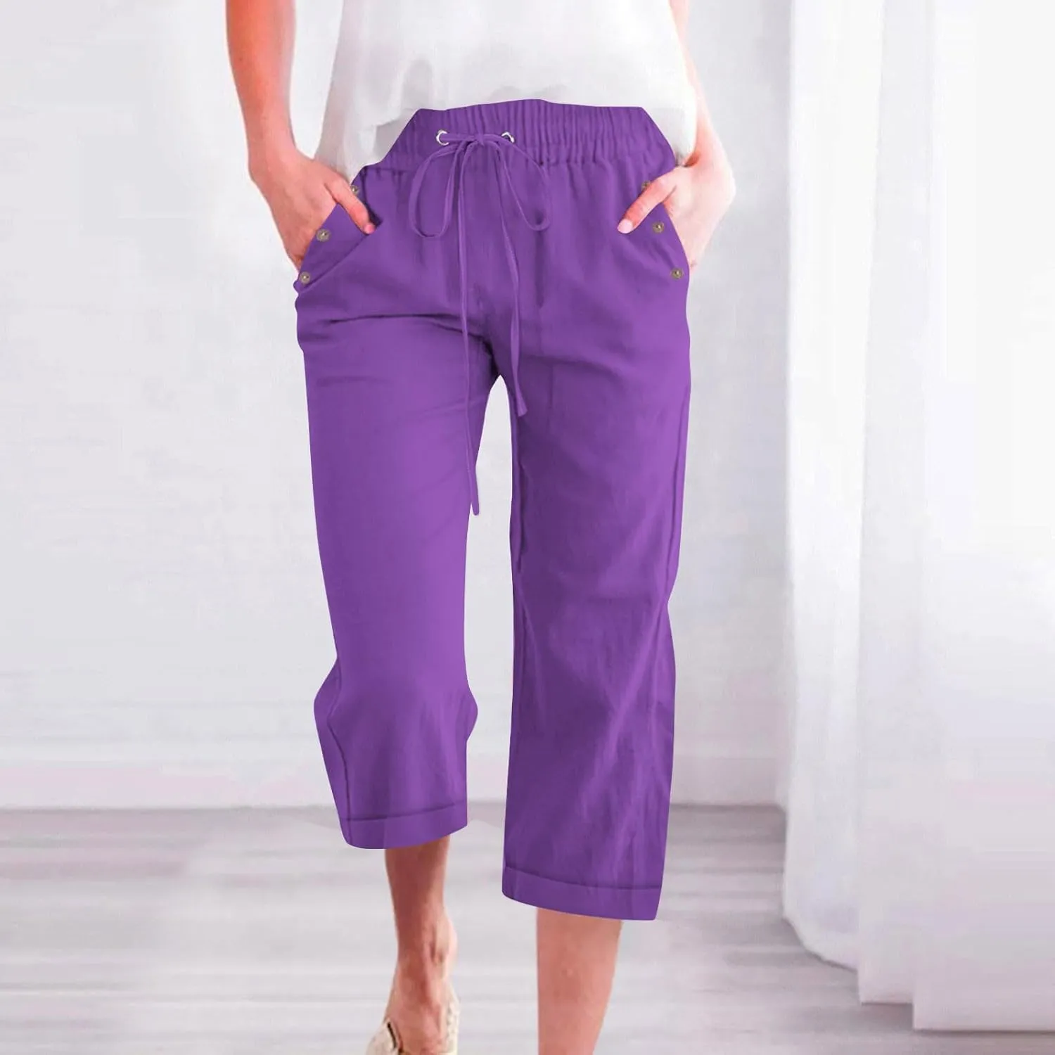 Cotton Linen Capris Pants for Women Summer 2025 Straight Wide Leg Loose Drawstring Elastic Waist Cropped Trousers
