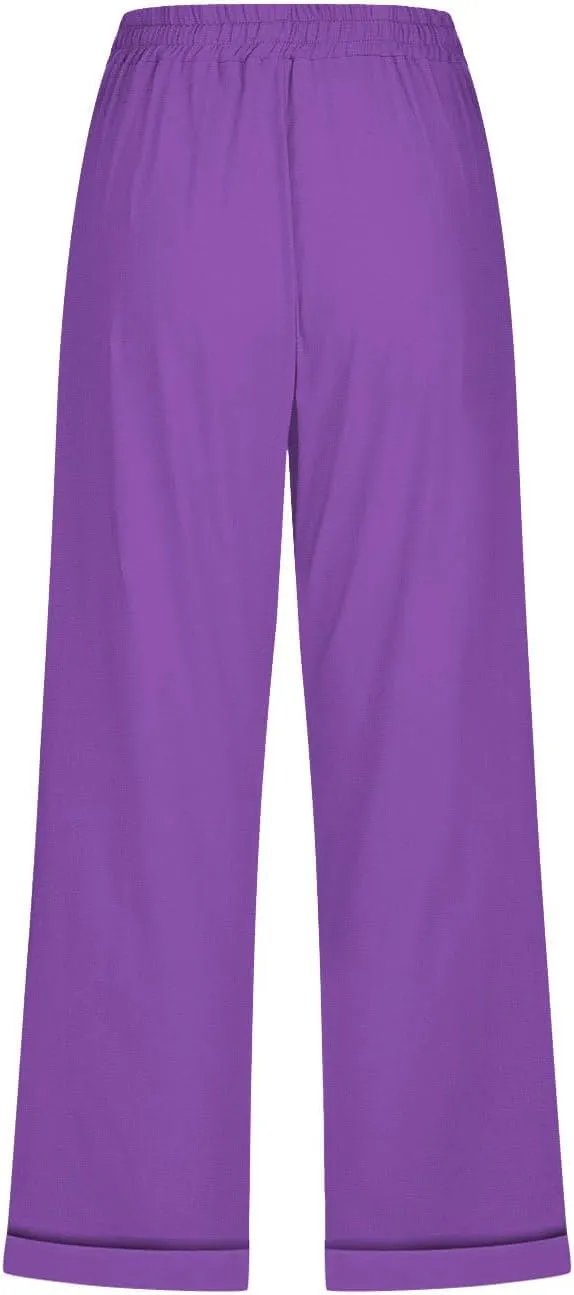 Cotton Linen Capris Pants for Women Summer 2025 Straight Wide Leg Loose Drawstring Elastic Waist Cropped Trousers