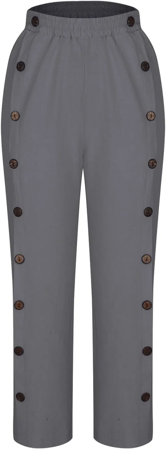 Cotton Linen Pants for Women 2025 High Waisted Wide Leg Trousers Trendy Side Button Elastic Waist Summer Gauze Pants