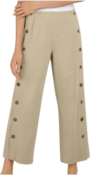 Cotton Linen Pants for Women 2025 High Waisted Wide Leg Trousers Trendy Side Button Elastic Waist Summer Gauze Pants