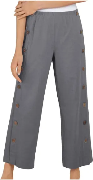 Cotton Linen Pants for Women 2025 High Waisted Wide Leg Trousers Trendy Side Button Elastic Waist Summer Gauze Pants