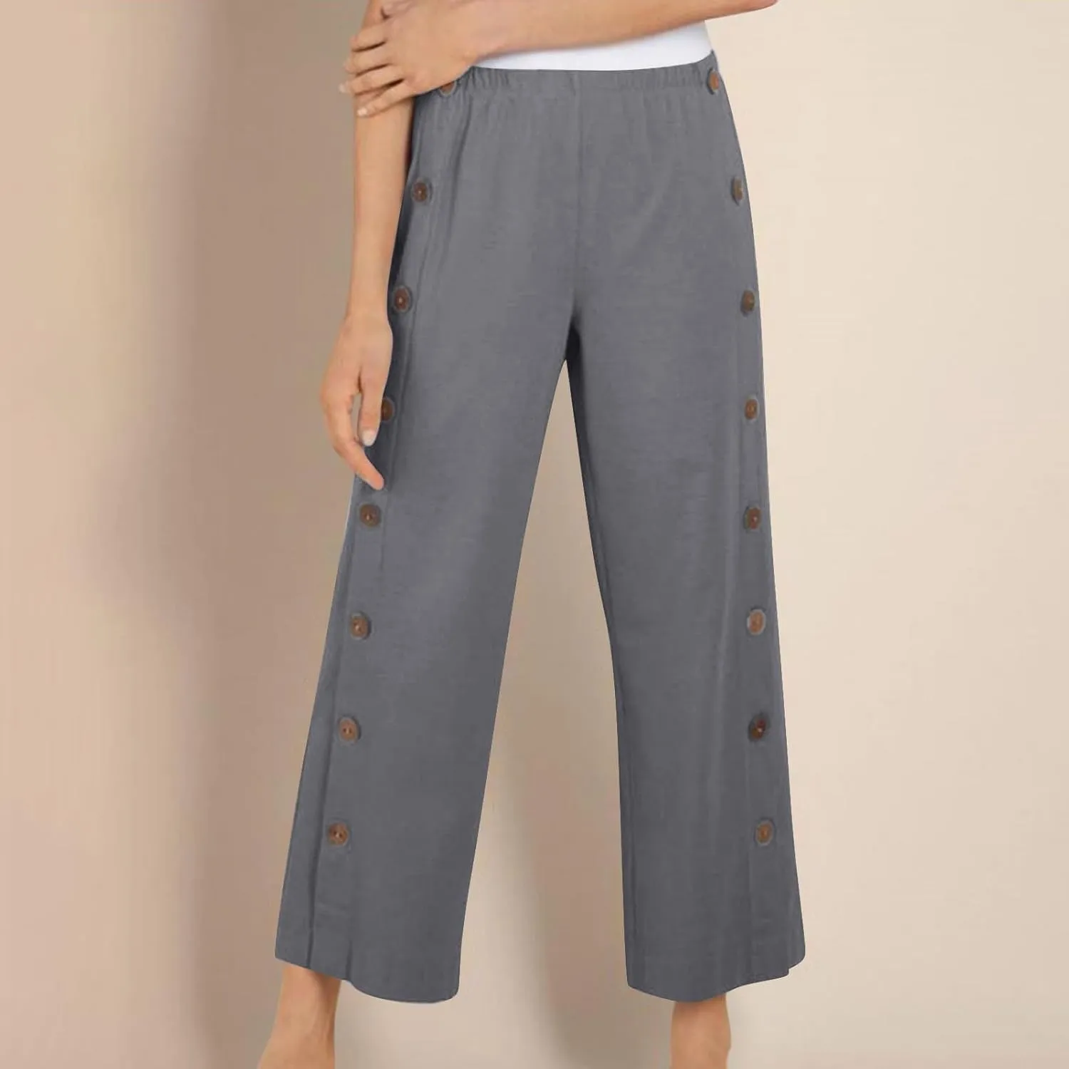 Cotton Linen Pants for Women 2025 High Waisted Wide Leg Trousers Trendy Side Button Elastic Waist Summer Gauze Pants