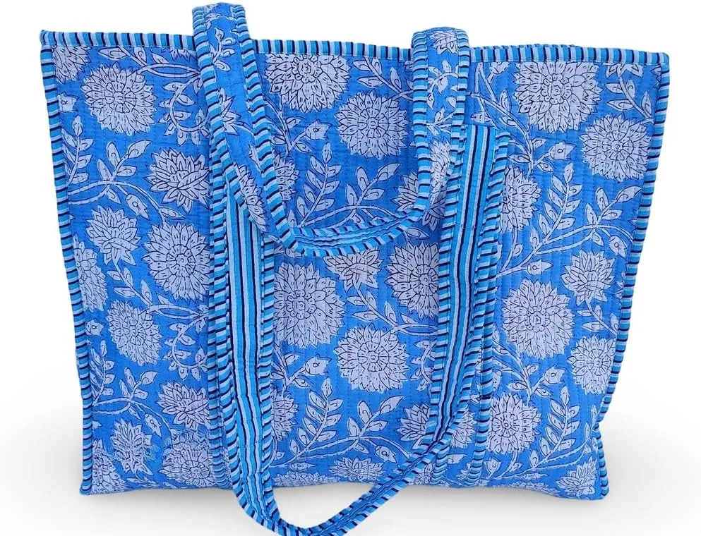 Cotton Tiger Block Print Tote Bag, Indian Handmade Shopping Shoulder Bag, Unisex Market Daily Use