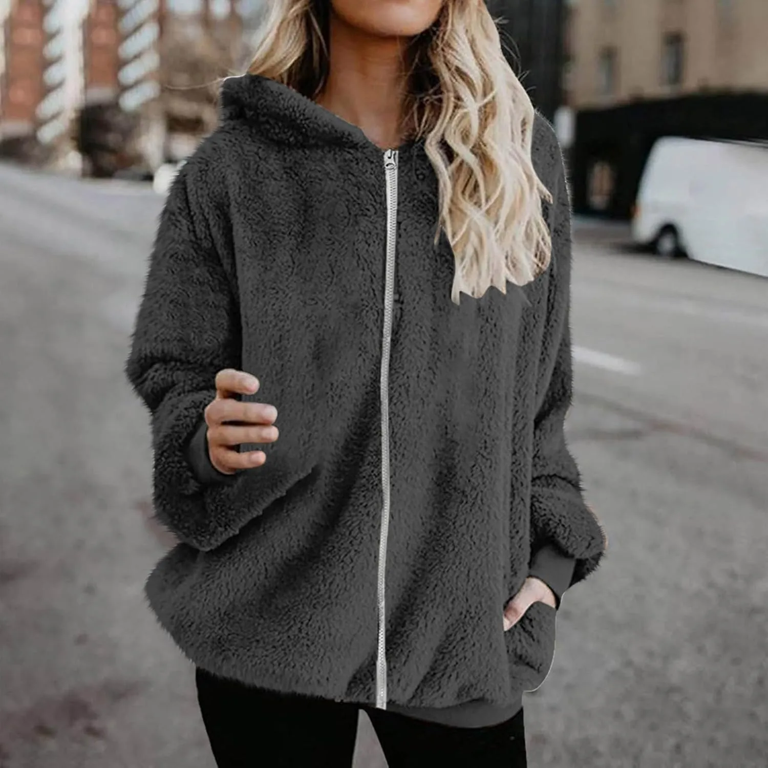 Cozy Fluffy Hoodie Women Fall/Winter Clothes Womens Hoodies Sherpa Pullover Zip Up Fuzzy Fleece Oversized Hoodie