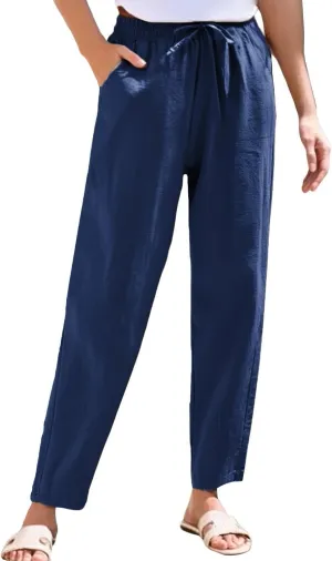 Cropped Linen Pants for Women Elastic Waist Straight Leg Cotton Linen Pants Sumemr Casual Beach Outfits with Pockets
