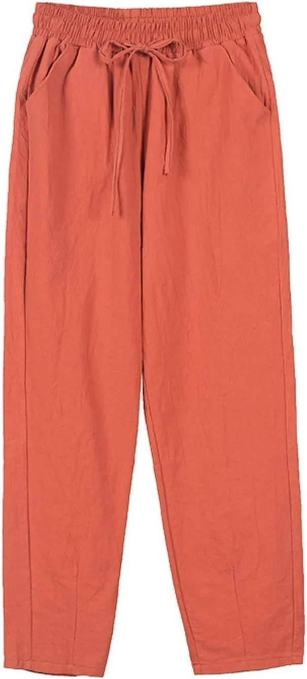 Cropped Linen Pants Women Elastic Waist Straight Leg Ankle Pants Lightweight Comfy Trousers 2025 Summer Beach Outfits