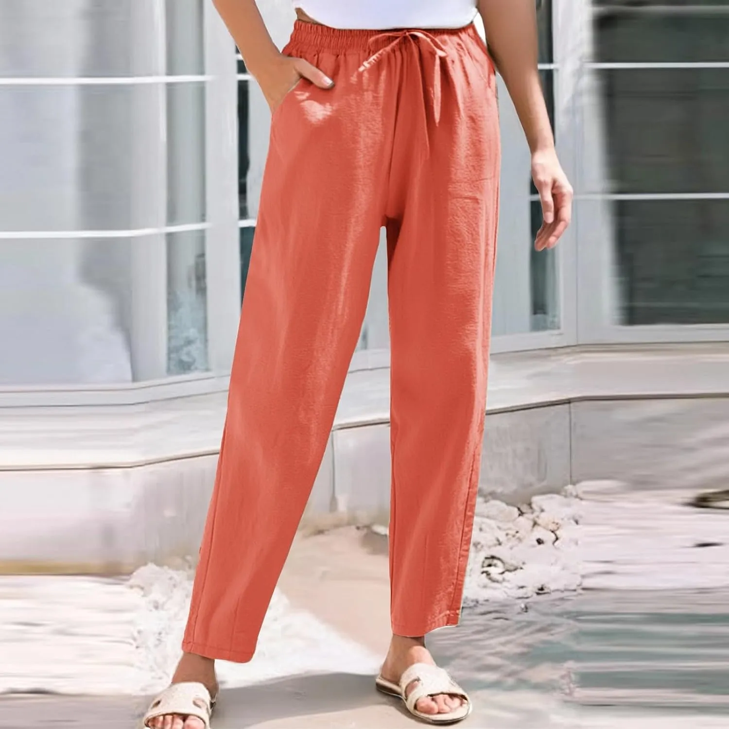 Cropped Linen Pants Women Elastic Waist Straight Leg Ankle Pants Lightweight Comfy Trousers 2025 Summer Beach Outfits