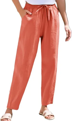 Cropped Linen Pants Women Elastic Waist Straight Leg Ankle Pants Lightweight Comfy Trousers 2025 Summer Beach Outfits