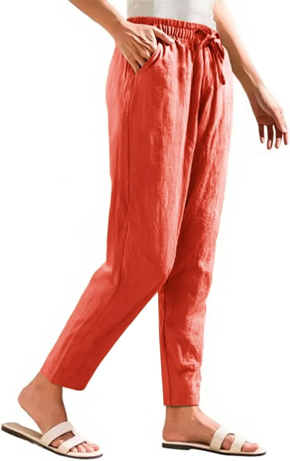 Cropped Linen Pants Women Elastic Waist Straight Leg Ankle Pants Lightweight Comfy Trousers 2025 Summer Beach Outfits