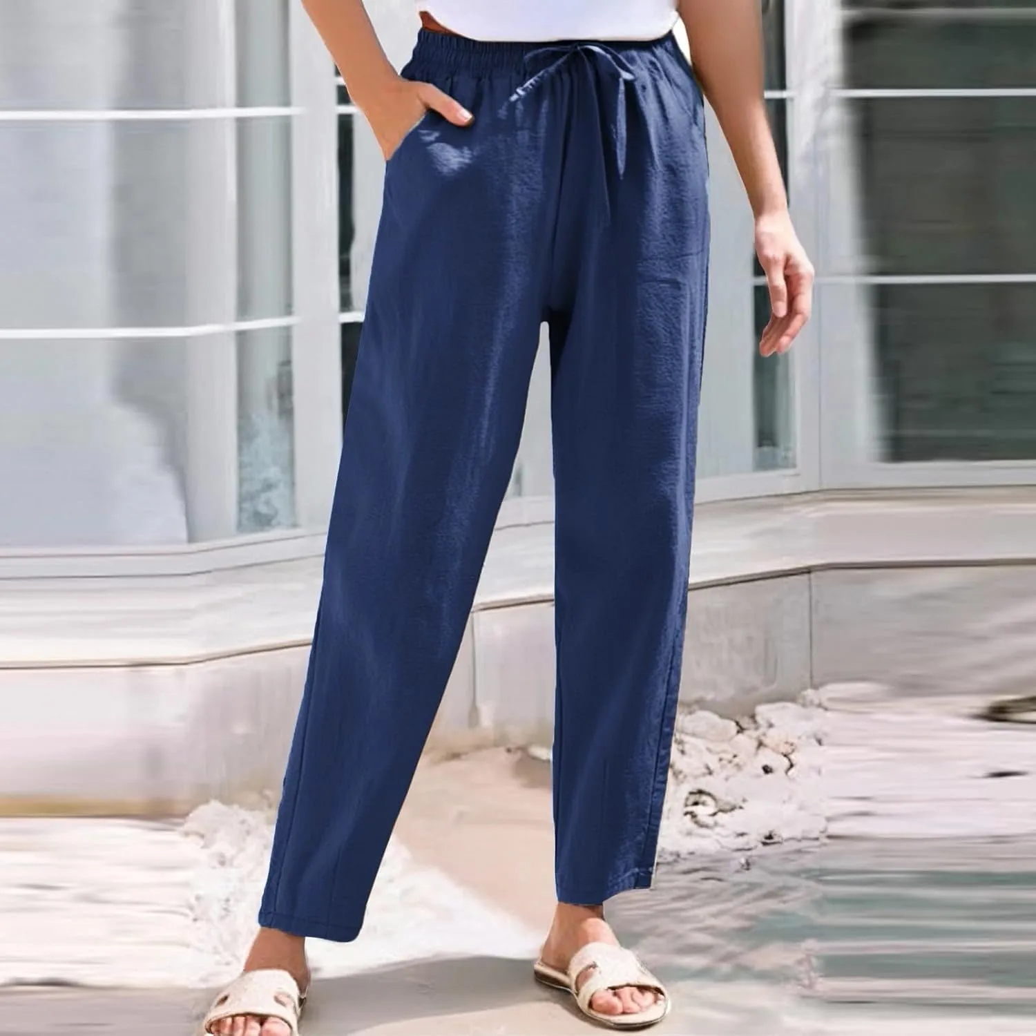 Cropped Linen Pants Women Elastic Waist Straight Leg Ankle Pants Lightweight Comfy Trousers 2025 Summer Beach Outfits