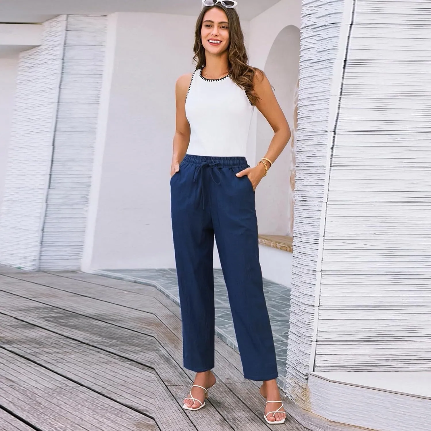 Cropped Linen Pants Women Elastic Waist Straight Leg Ankle Pants Lightweight Comfy Trousers 2025 Summer Beach Outfits