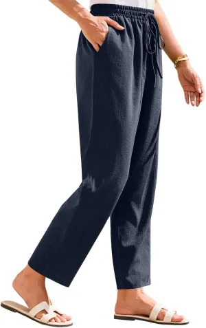 Cropped Linen Pants Women High Waist Wide Leg Casual Palazzo Pant with Pockets Beach Crop Trousers Summer Outfits
