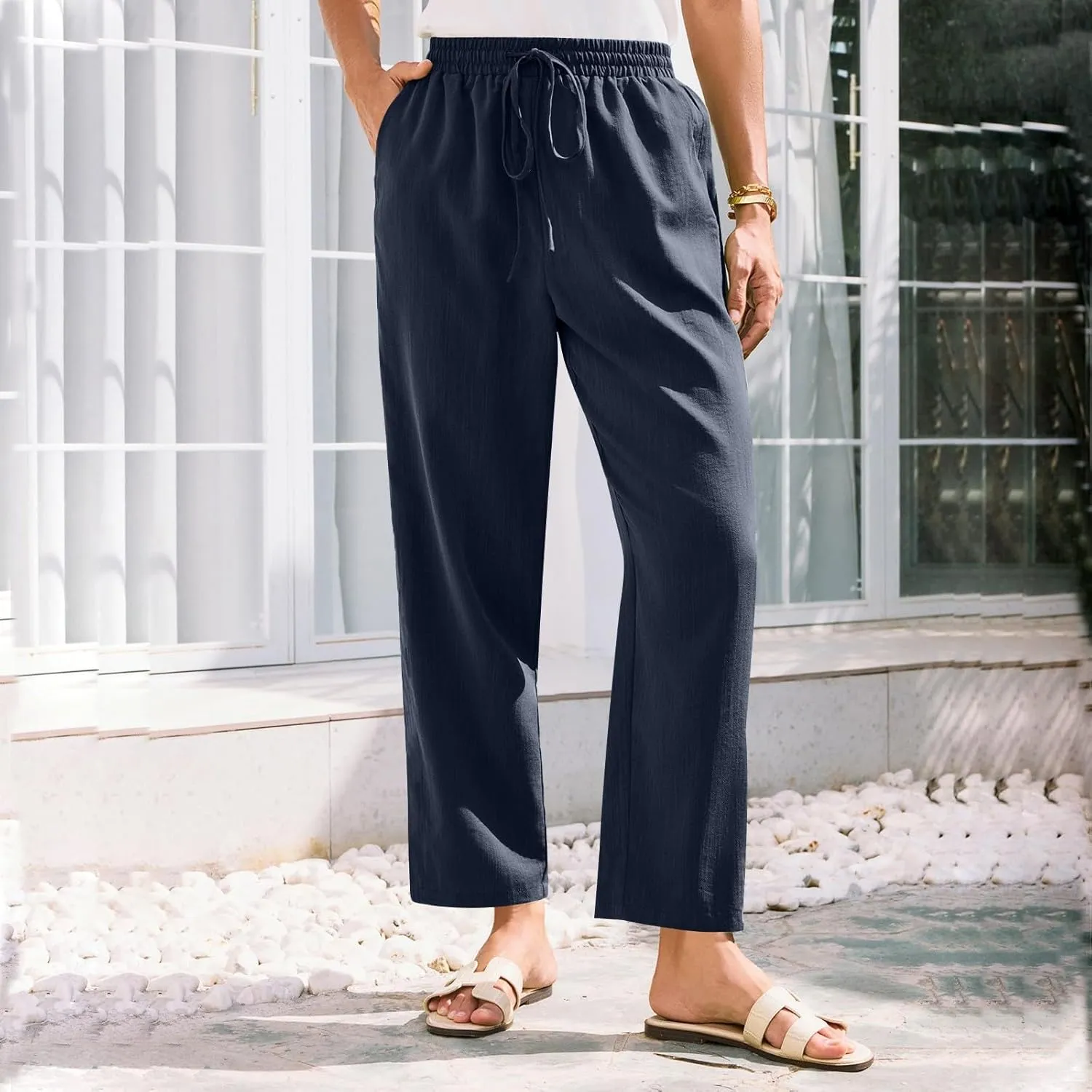 Cropped Linen Pants Women High Waist Wide Leg Casual Palazzo Pant with Pockets Beach Crop Trousers Summer Outfits