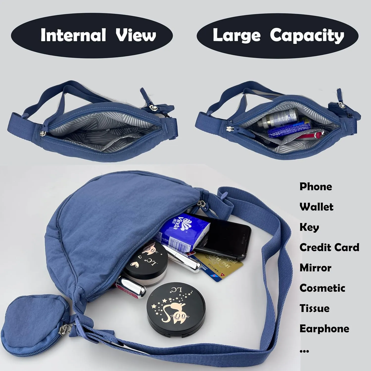 Crossbody Bag with Coin Purse Hobo Sling Crescent Bag Women Men Trendy Small Nylon Shoulder Bag Purse Adjustable Strap