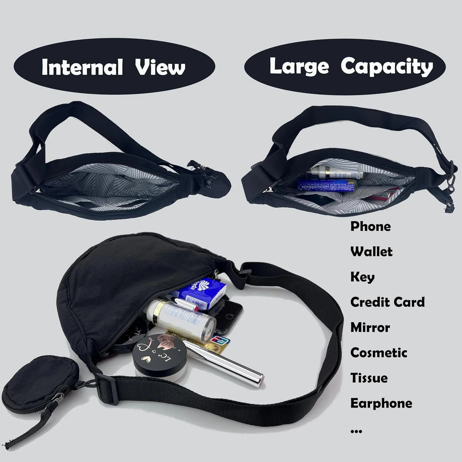 Crossbody Bag with Coin Purse Hobo Sling Crescent Bag Women Men Trendy Small Nylon Shoulder Bag Purse Adjustable Strap