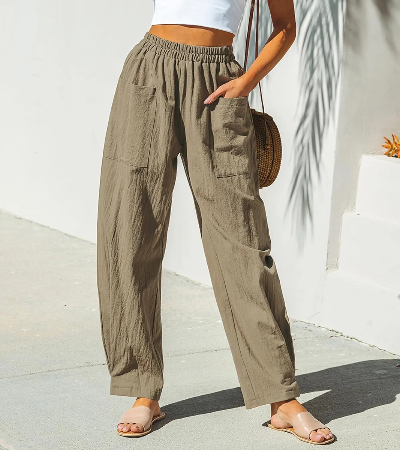 CUPSHE Women Pants Patch Pocket Tapered Leg Elastic Waist Long Pant Casual Beach
