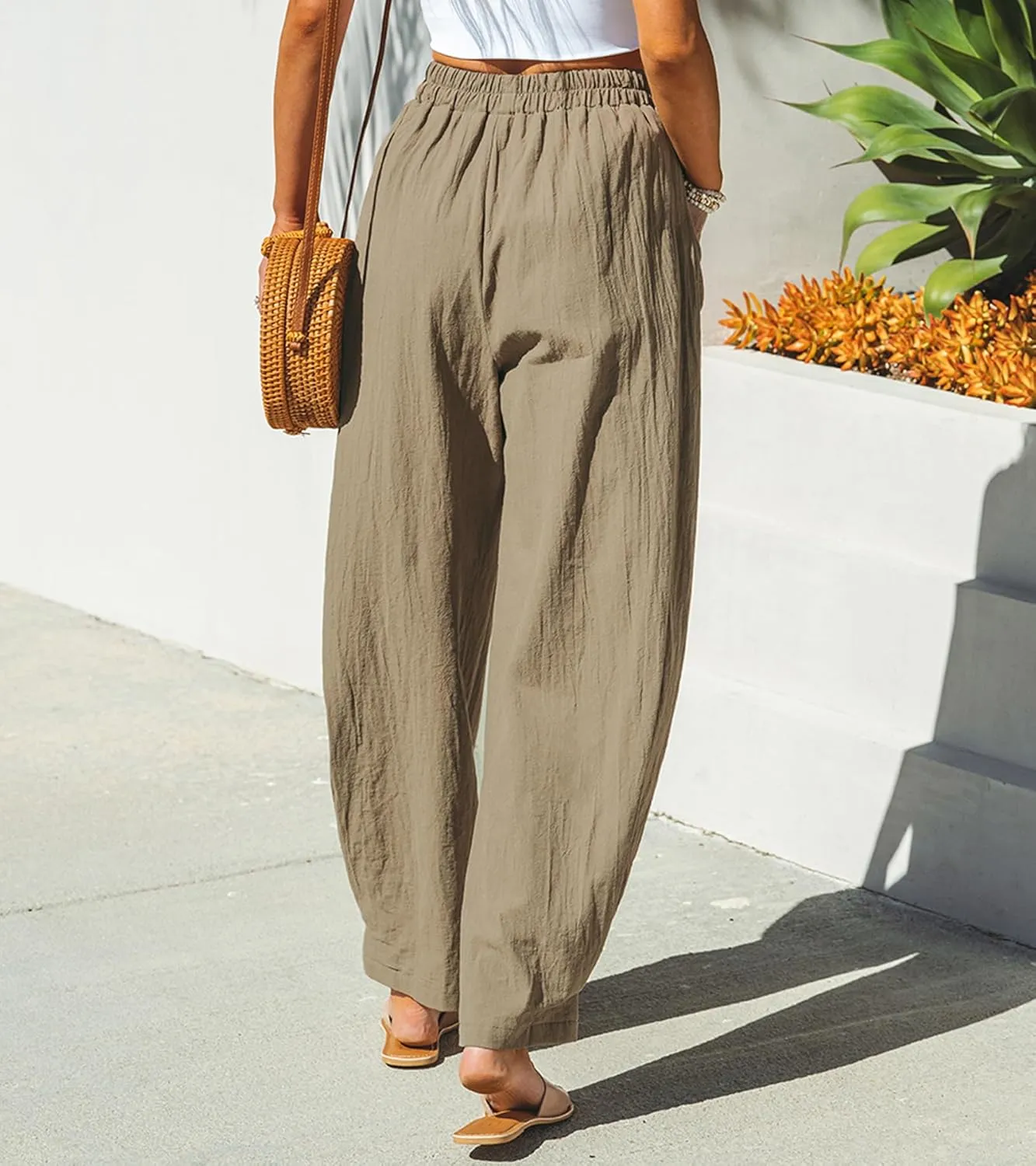 CUPSHE Women Pants Patch Pocket Tapered Leg Elastic Waist Long Pant Casual Beach