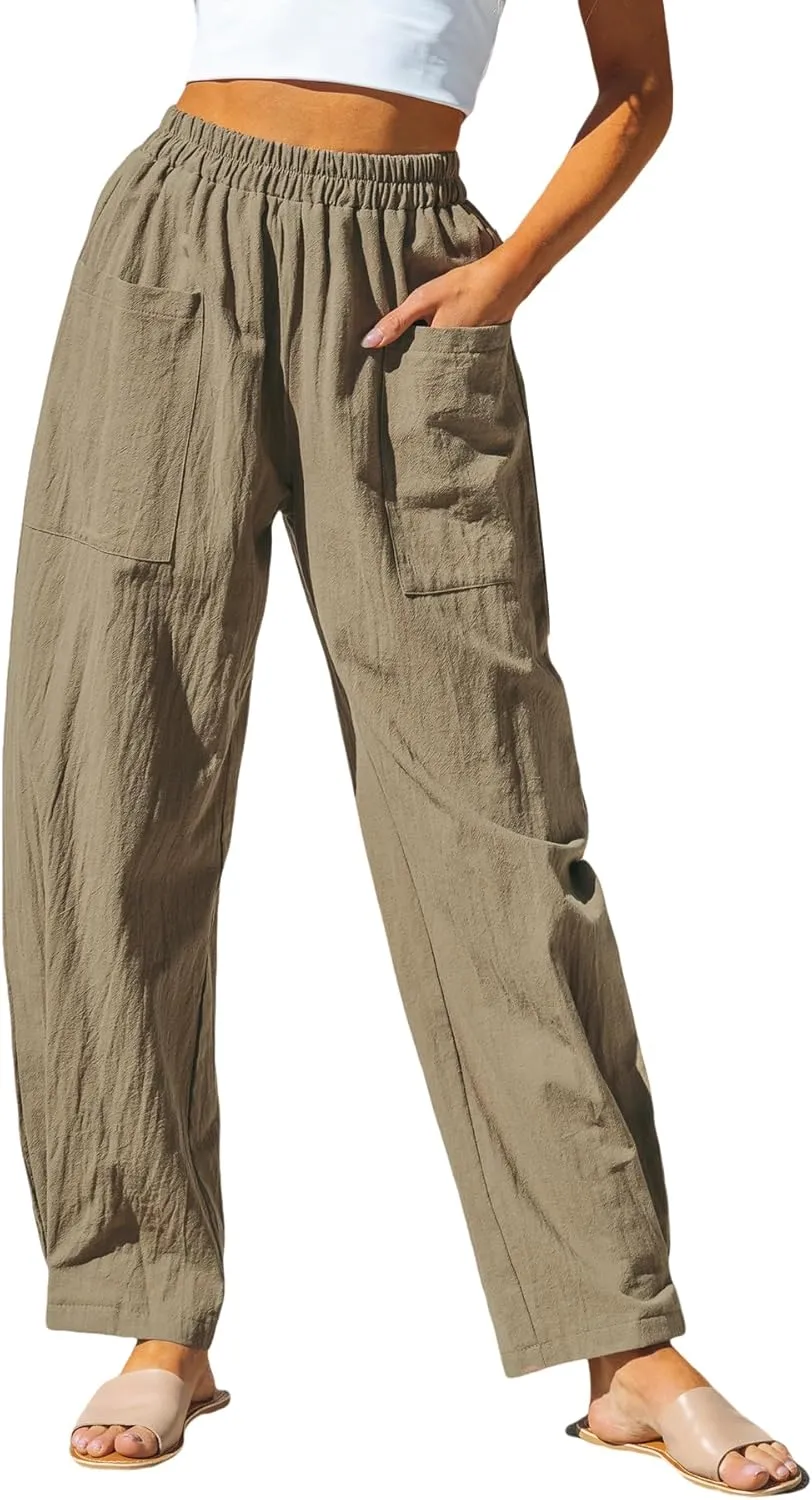 CUPSHE Women Pants Patch Pocket Tapered Leg Elastic Waist Long Pant Casual Beach